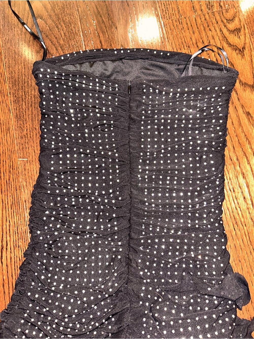 Black Strapless Rhinestone Ruched Dress - Picture 3 of 6